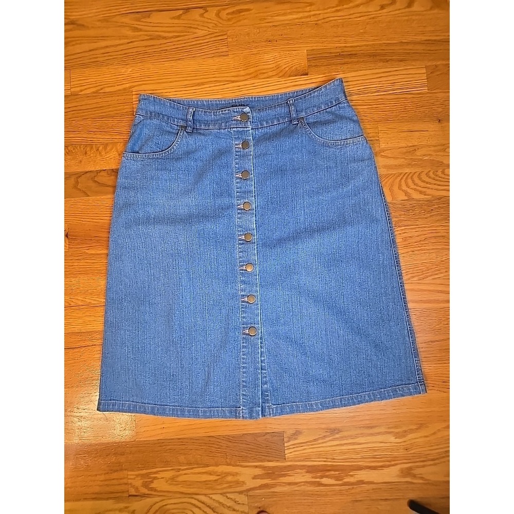 Pure Collection Size 12-14 Denim Skirt A-Line Button Front Bsck Pockets Blue